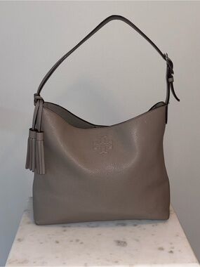 Tory Burch Thea Bucket Hobo Gray ,Pebbled Leather Shoulder bag with Tassel